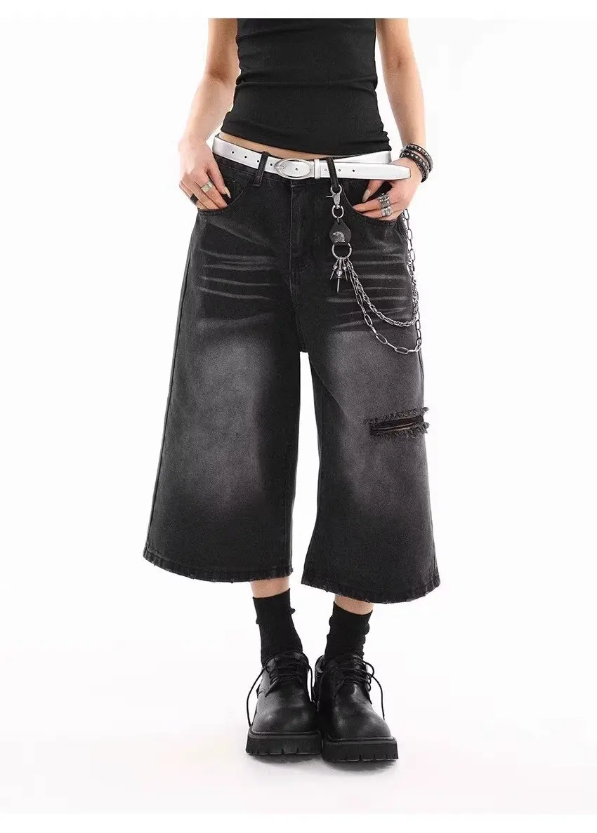 الدنيم السراويل الجينز 7 نقاط السراويل النسائية الجينز تمتد ملابس الصيف Coquette Shoujo فتاة نمط فضفاض السراويل امرأة متوهج Y2k جان