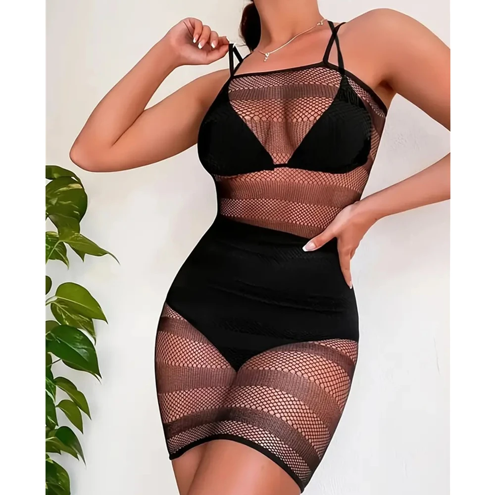 Fashion Women's Fishing Net Mini Bodycon Dress Night Club Wear Ladies Erotic Fishing Net Transparent Tight Lingerie Short Skirt