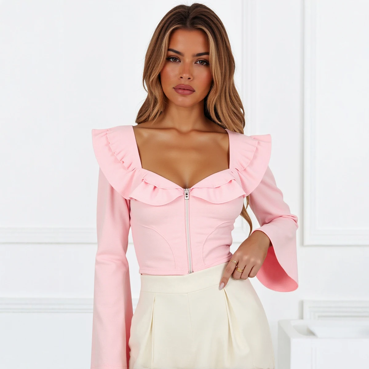 

Mia Muse Women's Blouses Summer Fashion Skinny Fit Zipper Solid Color Flounce Flare Sleeve Sweetheart Neck Casual Blouses