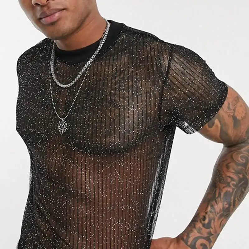 Sexy Men See Through Short Sleeve Top Sequin Transparent Mesh Shirts Gay Exotic Tops 2024 Night Party Y2k Chemise Stage Costume