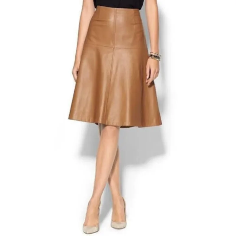 HOT Stylish Women's 100% Genuine Lambskin Leather Skirt Knee Length Zipper Skirt