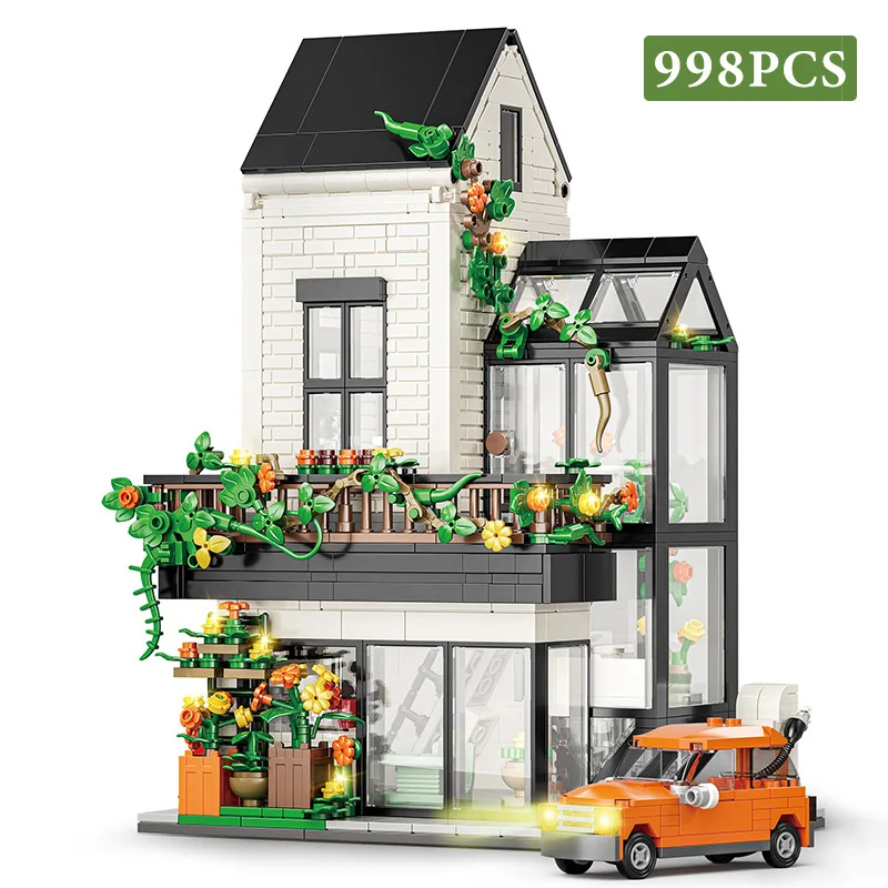MOC Sunshine Flower House With Car Building Blocks Set Duplex Villa Architecture DIY Toy For Children Kids Birthday Holiday Gift