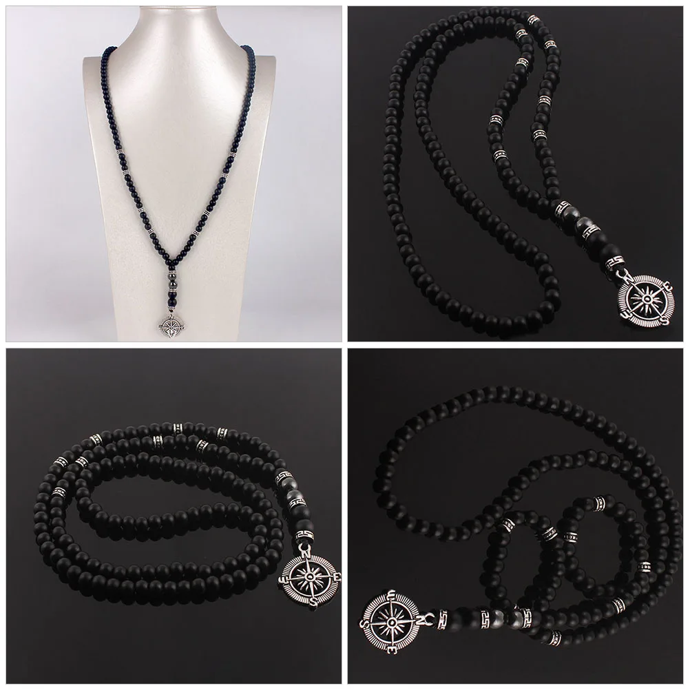 

Compass Necklace for Men Frosted Agate Beaded Pendant Stylish Mens Accessories Hiking Camping Gift