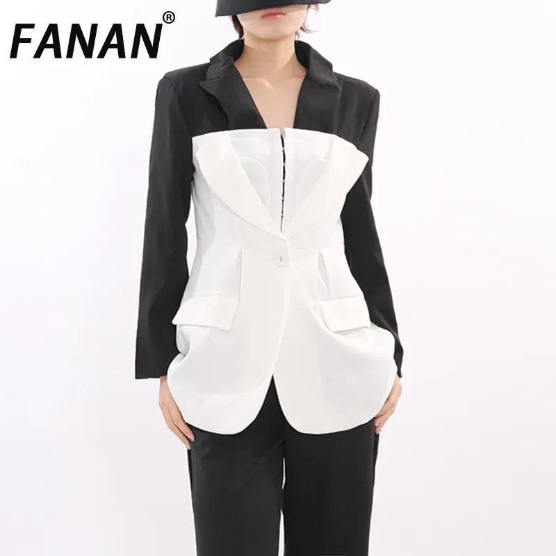 FANAN Fashion Spliced Contrast Color Blazers For Women Single Breasted Gathered Waist Fit Jackets Female Coats 2026 Spring New