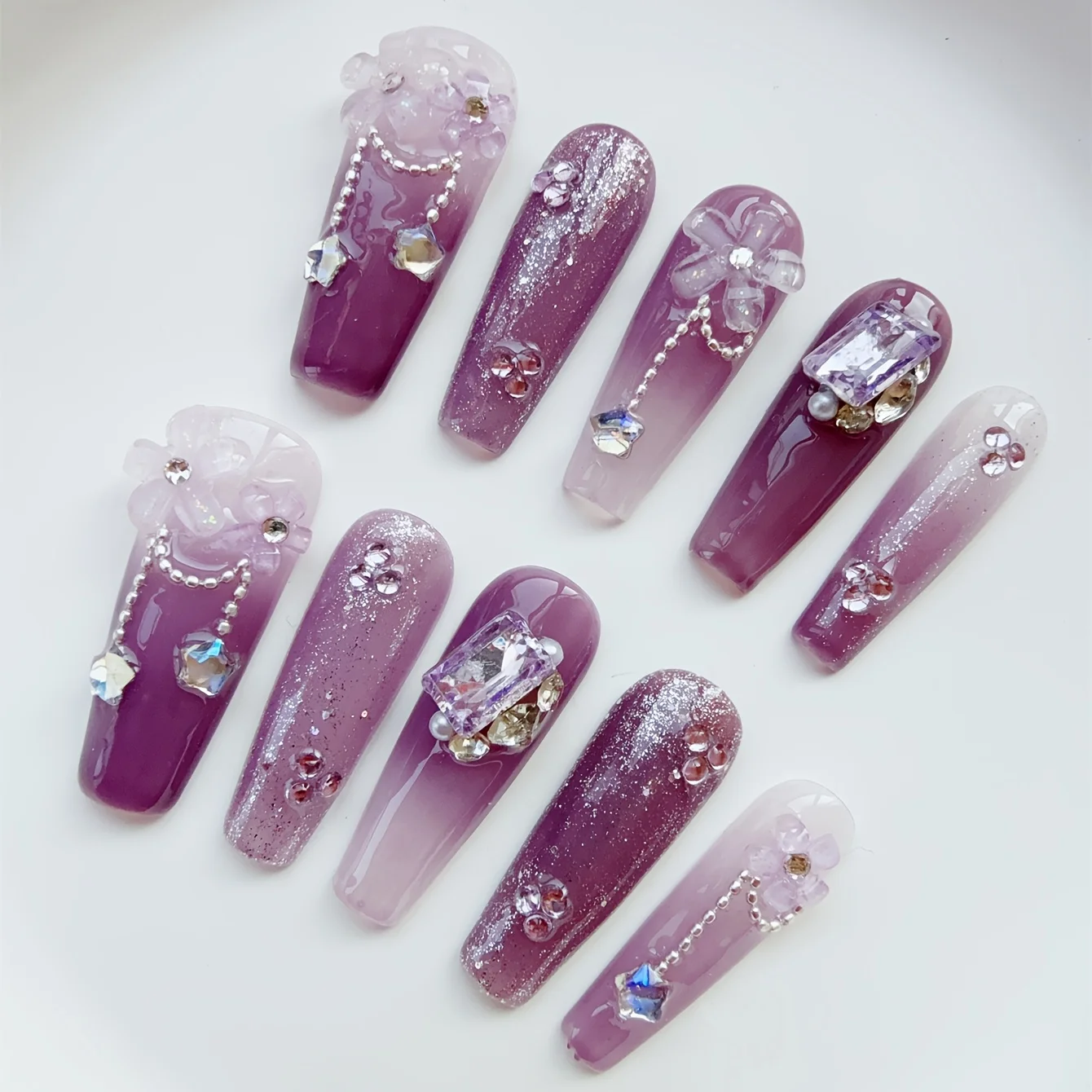 10 Stück hochwertige handgefertigte künstliche Nägel mit violettem Himmel, super Elixier lila langer Nagelflicken für Frauen