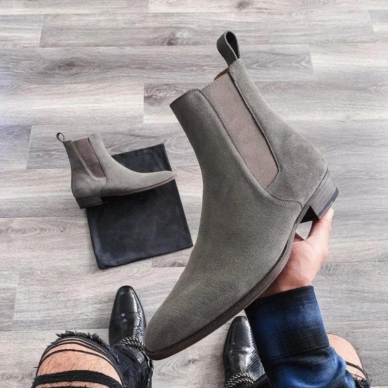 New Gray Chelsea Boots Flock Slip-On Round Toe Business Men Short Boots  Size 38-46 Botas Cuturno Masculinas