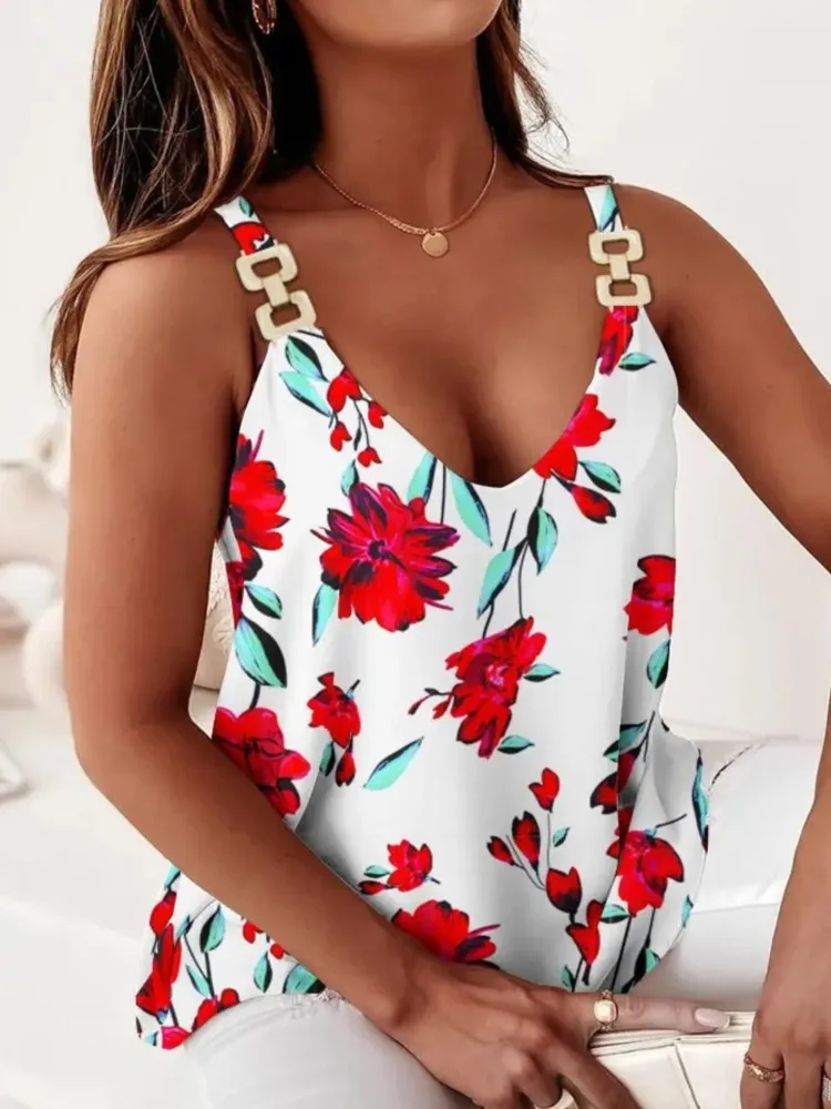 

Summer Women's Fashion Camis V-neck Off Shoulder Sexy Loose Sleeveless New Printing Casual Elegant Pullover Tops For Lady 2024