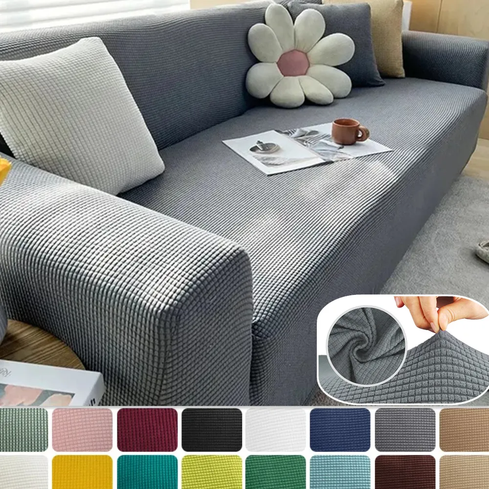 

Solid Color Elastic Sofa Cover For Living Room Home Elastic Jacquard Slipcovers Anti-Slip Corner Couch 1/2/3/4 Seater Covers Pr