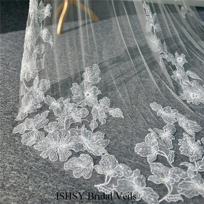 فريدة من نوعها مطرز سباركلي الزفاف الحجاب الزهور الكبيرة الزهور الساطعة كاتدرائية طويلة الأبيض العاجي تول للعرائس #5