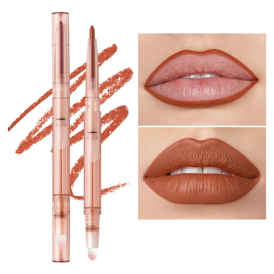 โลโก้ที่กําหนดเองหมุนอัตโนมัติสีแดง Lip Liner พร้อมแปรงดินสอแต่งหน้าลิปสติกติดทนนานดินสอกันน้ํา Moisturizing Lip
