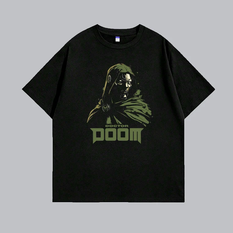 American Retro Heavyweight Pure Cotton Short Sleeve Loose round Neck T-Shirt MF DOOM Destroy Doctor Green Character Pattern