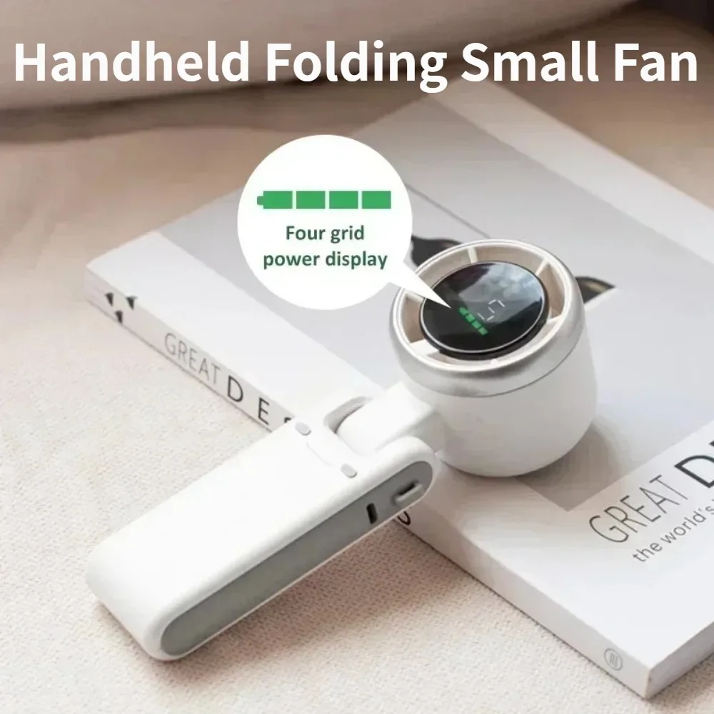 Electric Handheld Folding Fan with Type-C Charging Portable Desktop 5-Level Wind Speed Adjustment Digital Display with Lanyard