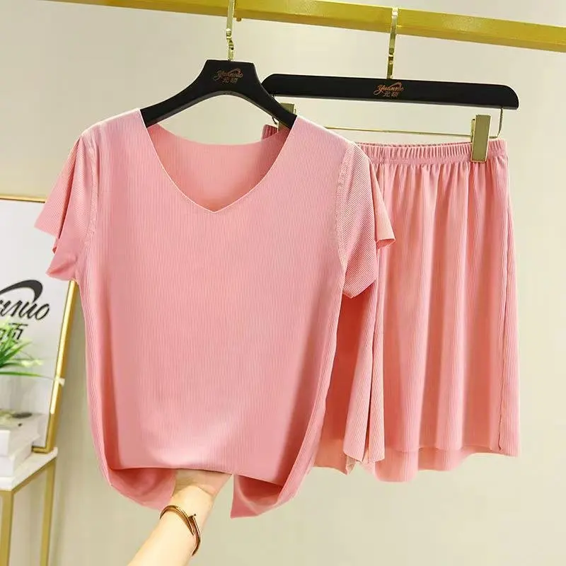 

Ice Silk Short Sleeve T-Shirt Two-Piece Set Women Summer New V-Neck Slimming Casual Loose Wide Leg Pants Home Clothes Set