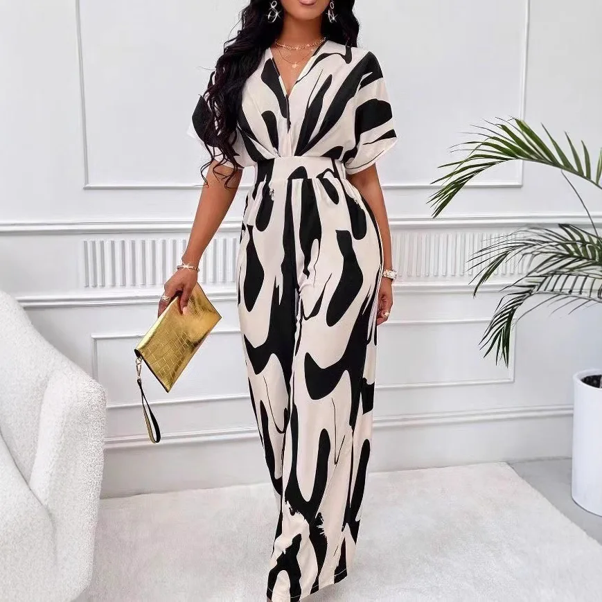 

2025 Foreign Trade Women's Clothing Temperament Elegant V-neck Full-body Printed Bat-sleeved Wide Jumpsuit Cw52570