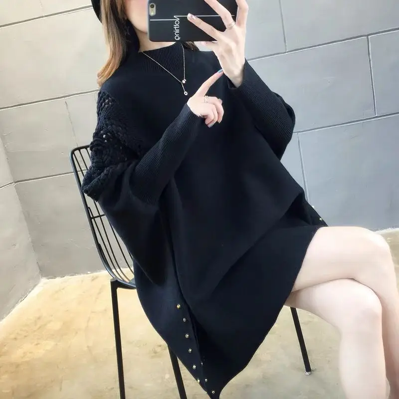 Mid length Bat Shirt Half High Neck Sweater Knitted sweater Autumn/Winter New Loose Oversized Cape Coat