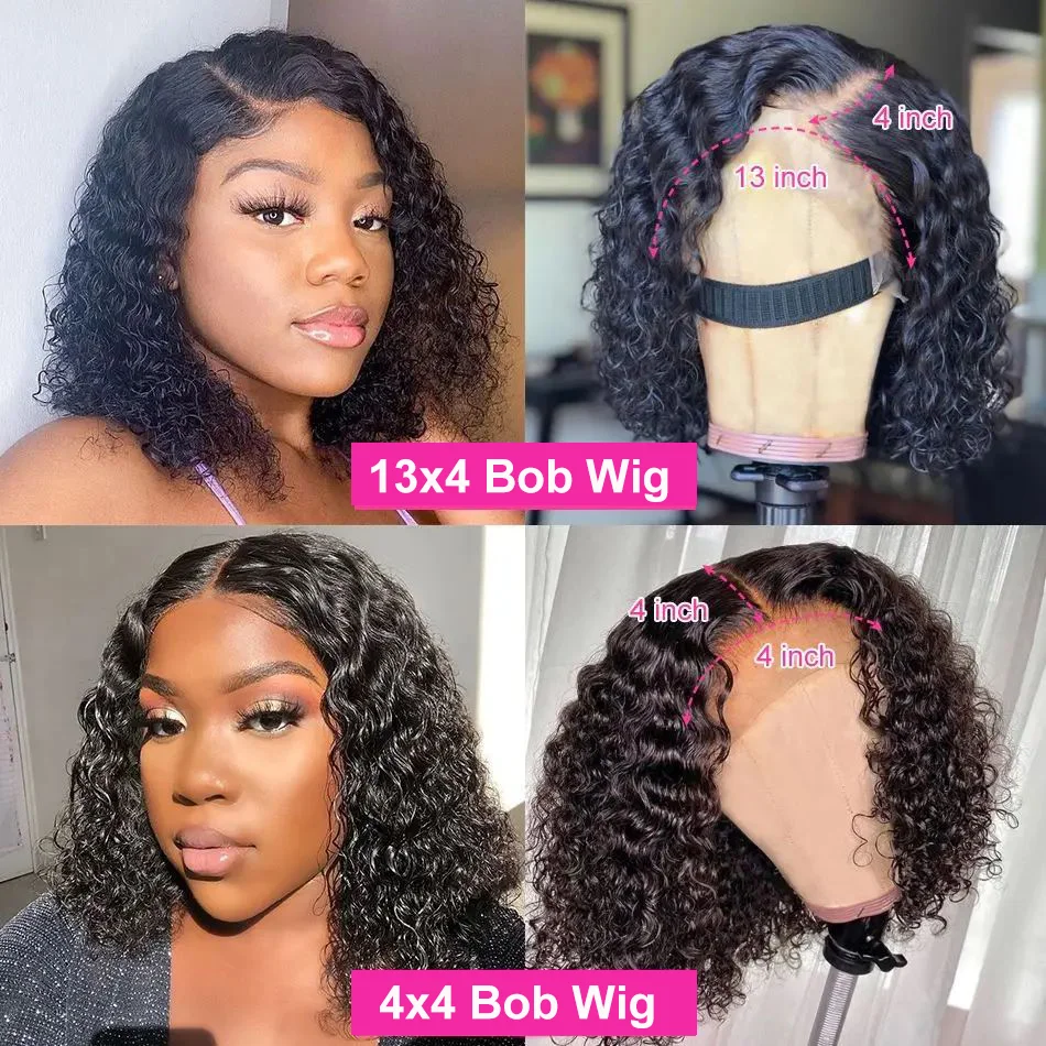 Perruque Bob Lace Front Wig 250% Naturelle Bouclée, Cheveux Courts, 4x4, HD 13tage 100%, pour Femme