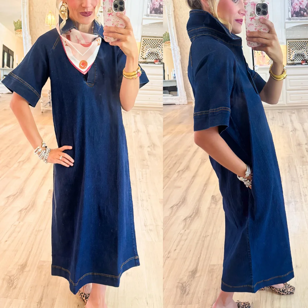 

2026 весна-лето новое модное джинсовое платье в стиле ретро с воротником-поло и половиной молнии, длинное платье с короткими рукавами для женщин