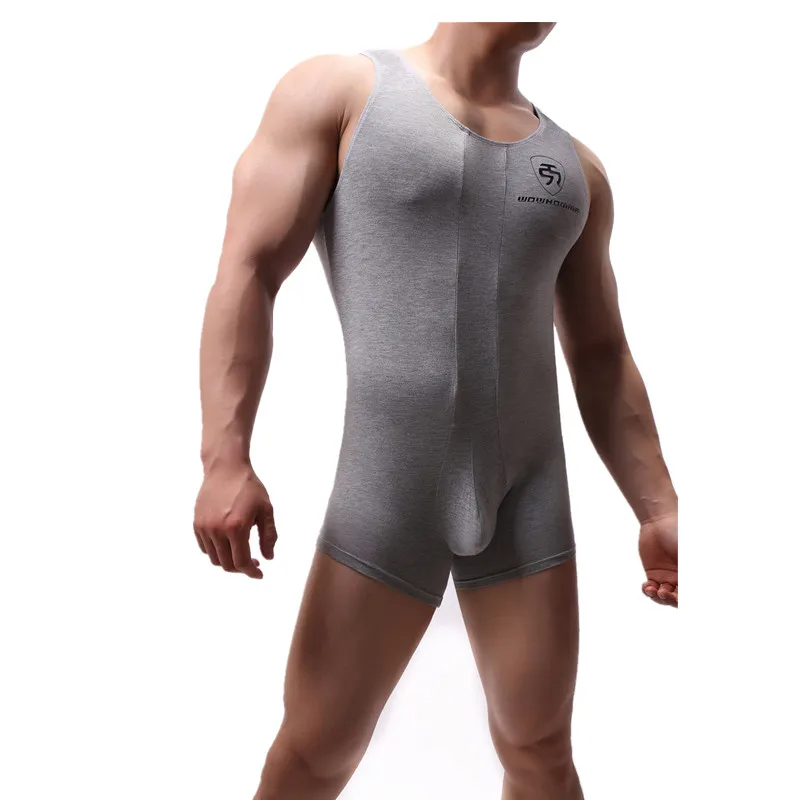 Men\'s Bodysuit Wrestling Singlets Modal Soft Elastic Shapewear Sleeveless Underwear Boxers Briefs Muscle Bulge Pouch Jumpsuit