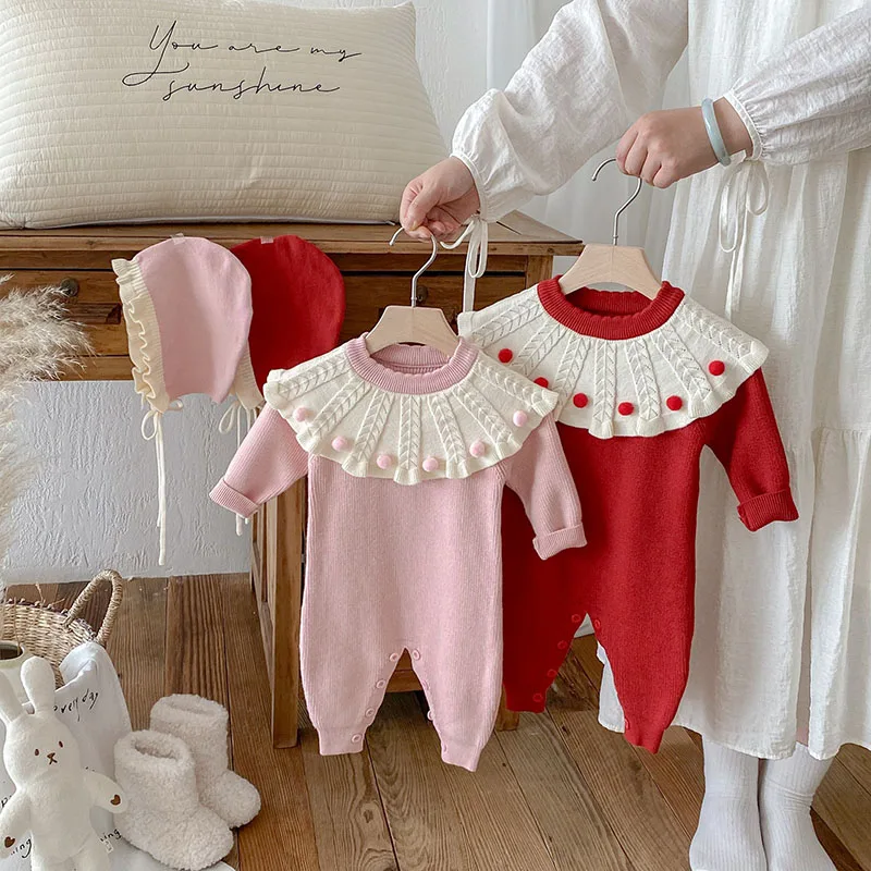 New Autumn Baby Knit Rompers 6-24M Sweet Pellets Color Block Toddler Girls Jumpsuit +Hat Infant Cute Sweater 2PCS