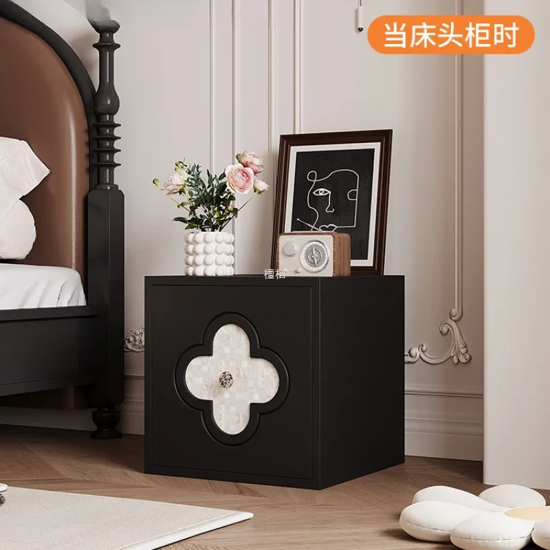 French black small square cabinet net celebrity four-leaf clover natural shell bedside table, solid wood module card door