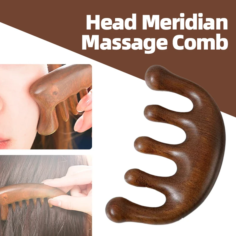 

5-Tooth Meridian Massage Comb Head Scalp Gua Sha Acupoint Massager Comb Body Acupuncture Therapy Sandalwood Wooden Tool