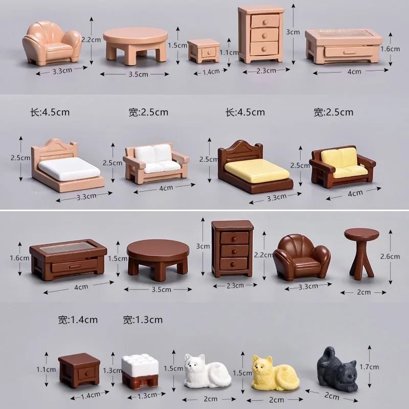 Small Retro Furniture Miniatures Figurines Dollhouse Decor Statue Artificial Table Sofa Bed Chair Terrarium Decoration Ornament