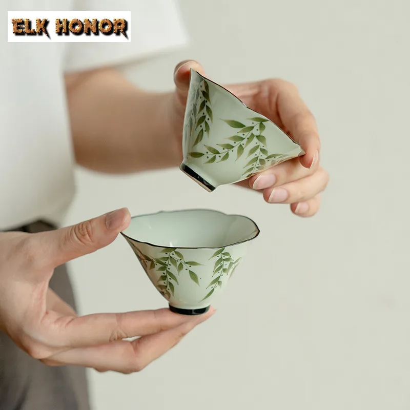 2pc/set Plant Ash Hat Cup Zen Hand-painted Green Bamboo Master Cup Tasting Mug Creative Tea Bowl Personal Cup Teaware Craft 75ml