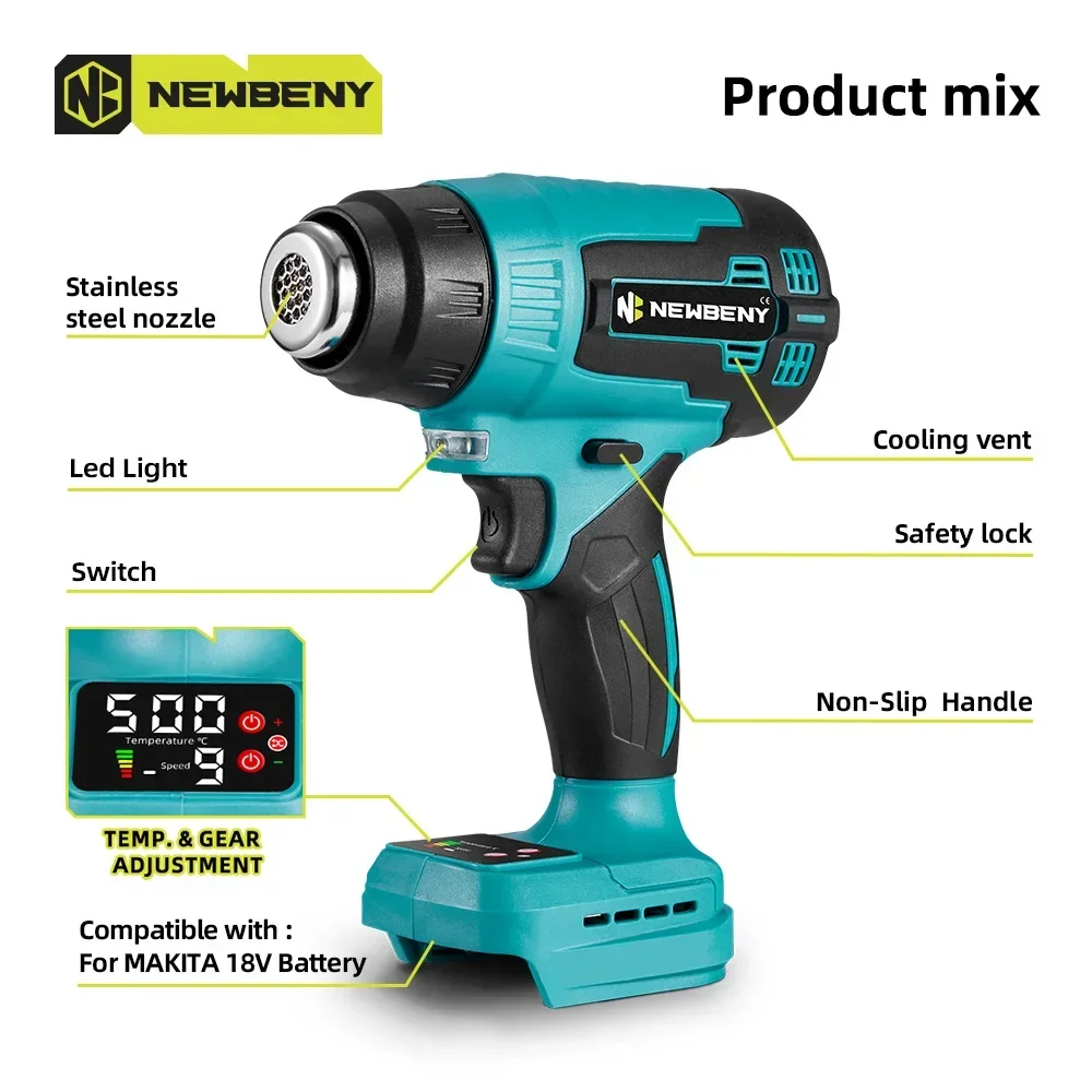 NEWBENY 2000W Cordless Electric Hot Air Gun 9 Gears LED Display with 3 Nozzles Industrial Home Hair Dryer For Makita 18V Battery