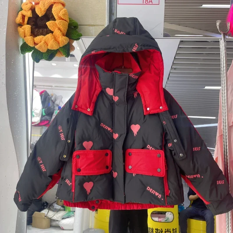 Woman Winter Coats New Trend Color Collision Short Section Bread Clothing Thickened White Duck Down Hooded Printed Down Jacket