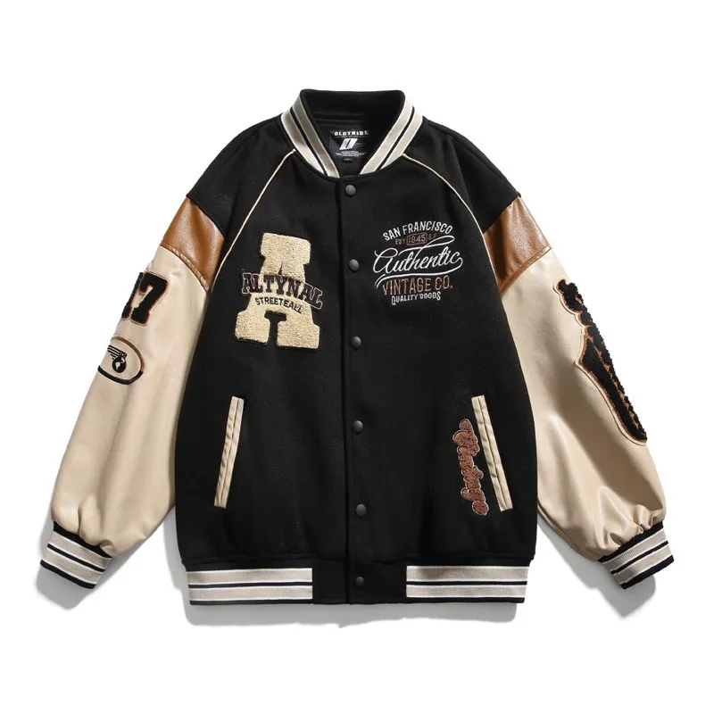 

Men's Casual Jackets American Retro Letter Flocking Splicing Baseball Jersey Men's Hip Hop Loose and Versatile Trend Jacket Tops
