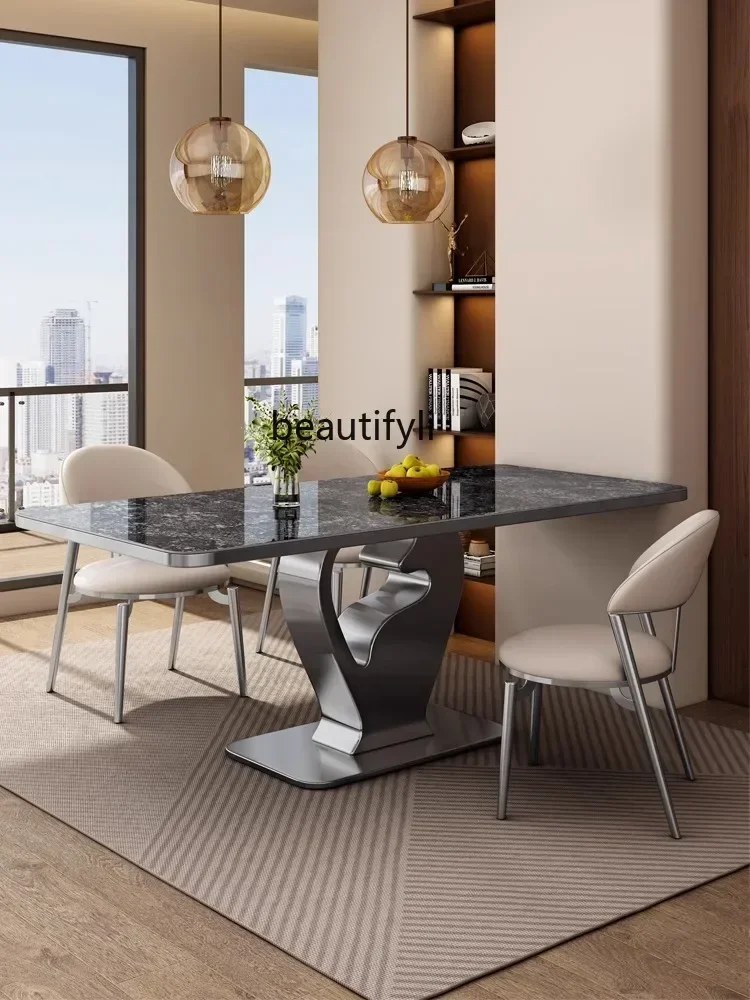 Mesa de comedor de lujo ligera de estilo italiano, placa de piedra gruesa minimalista de alta gama, piedra de lujo brillante Rectangular de acero inoxidable