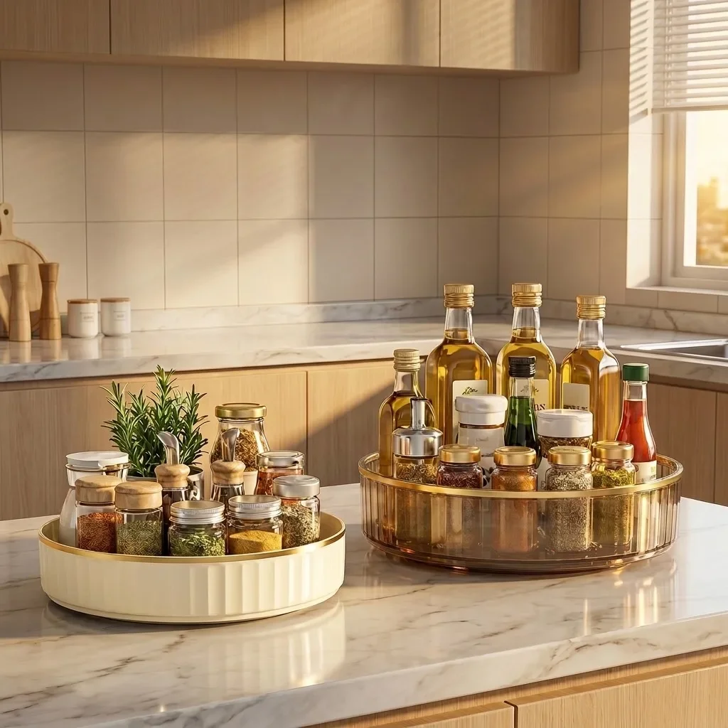 360° Rotating Storage Rack Turntable Organizer Plastic Tray Kitchen Cabinet Spice Rack Makeup Perfume Bathroom Storage Shelf