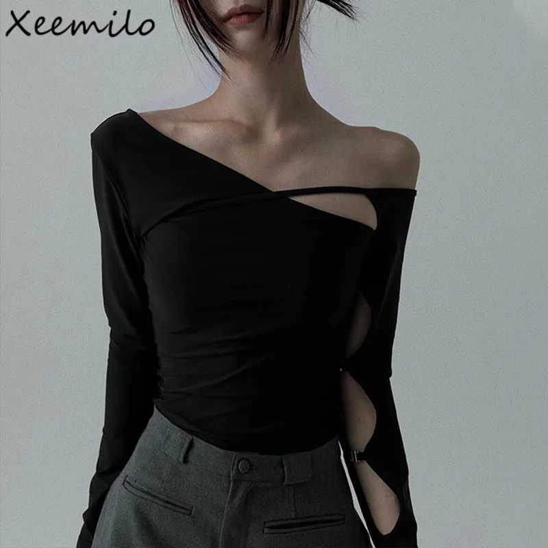 Y2K Oblique-neck Hollow Out Long Sleeve T Shirt Punk Fashion Off Shoulder Skinny Bodycon Crop Tops Streetwear Black Tees