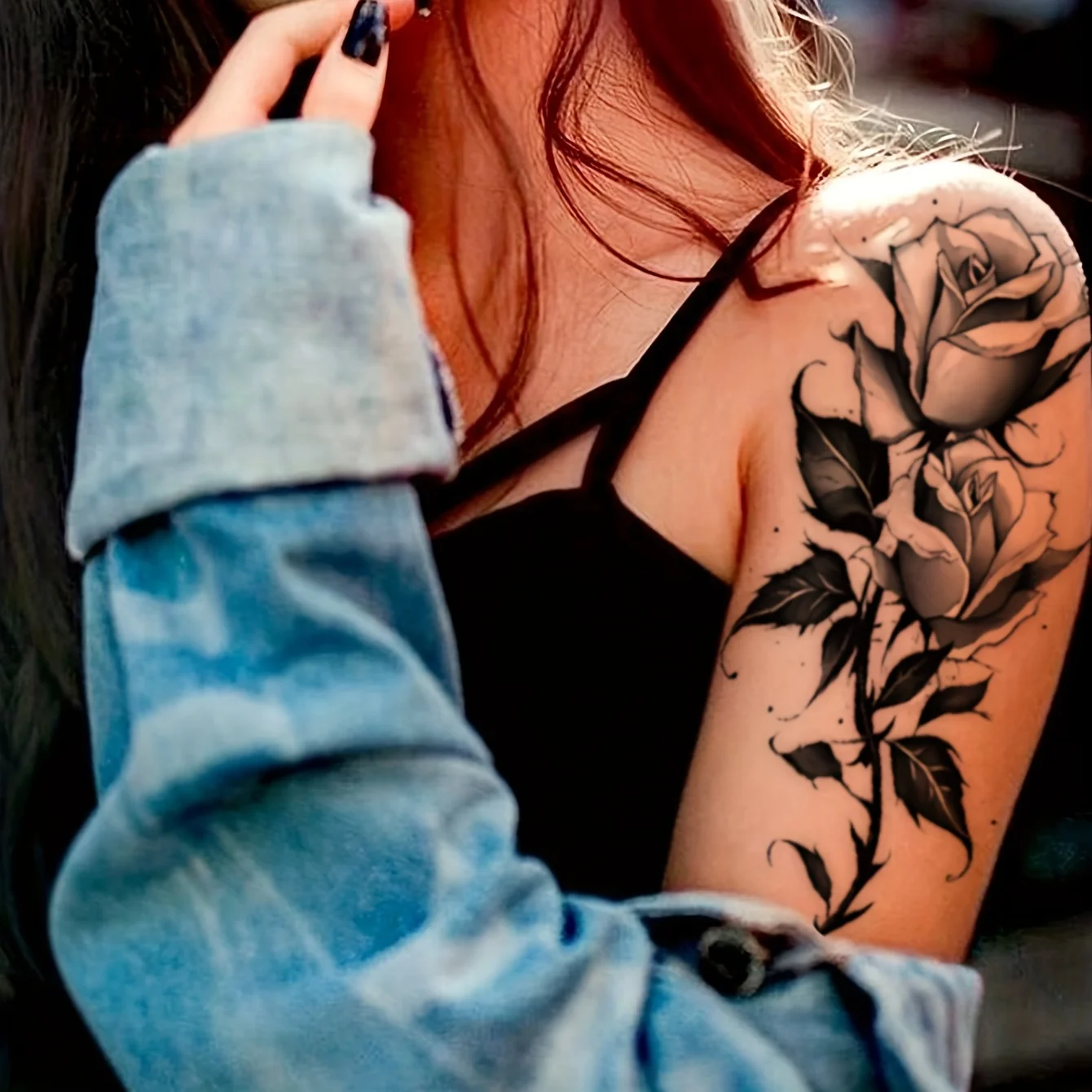 2 uds pegatinas de tatuaje temporal de flor y mariposa negra para mujeres, tatuaje falso resistente al agua y de larga duración para brazo, pierna y pecho