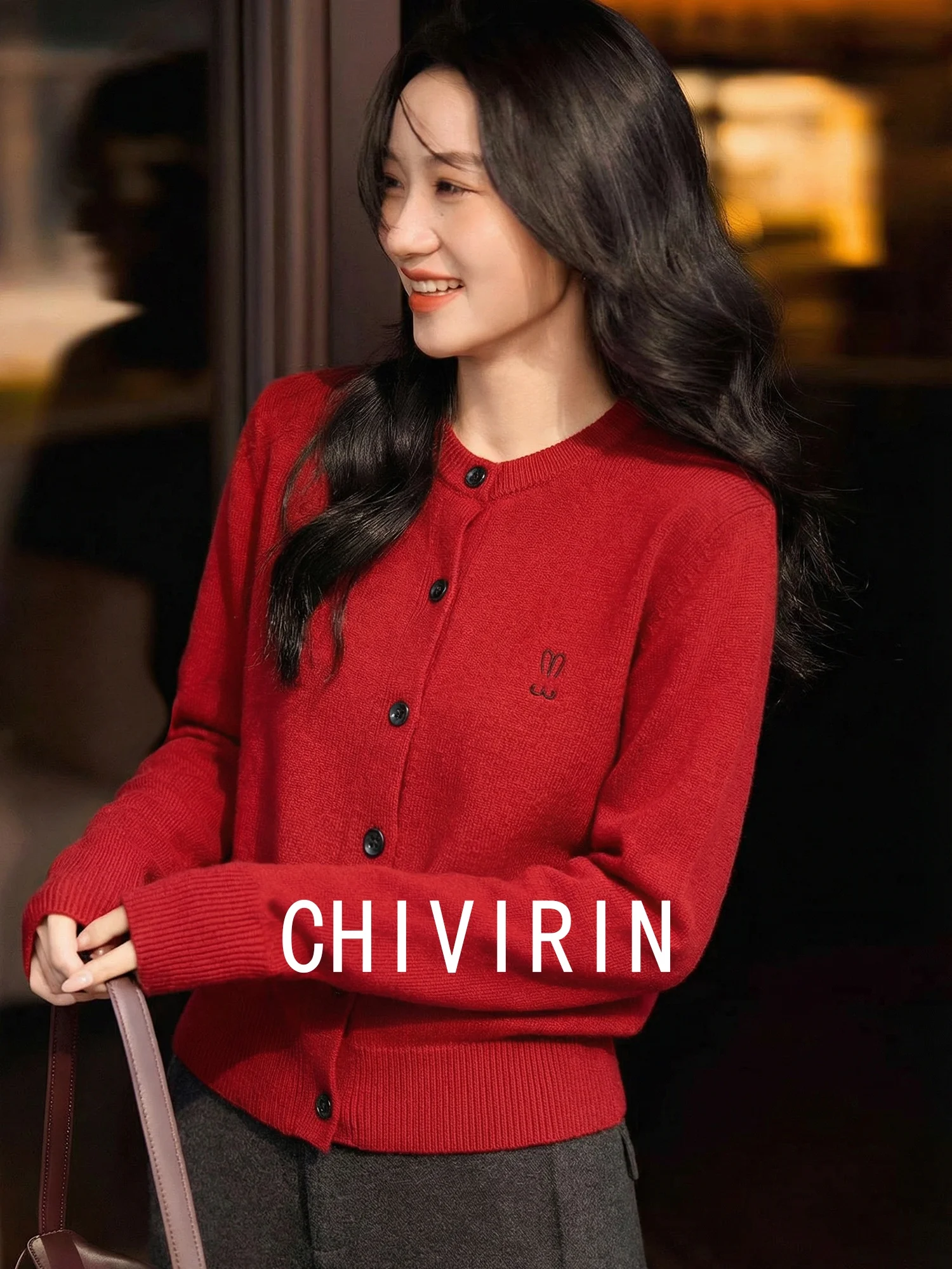 

Женский вязаный шерстяной кардиган Chivirin Vintage Sle с круглым вырезом и открытым передом, красный, верхняя одежда, весна-осень, новинка