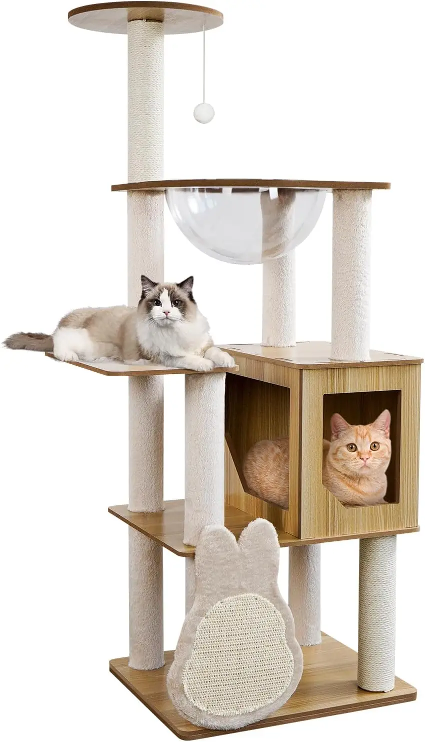 

49.4" Wooden Cute Cat Tree with Scratching Board Posts, Multi-Level Modern Tower No Carpet, Play House