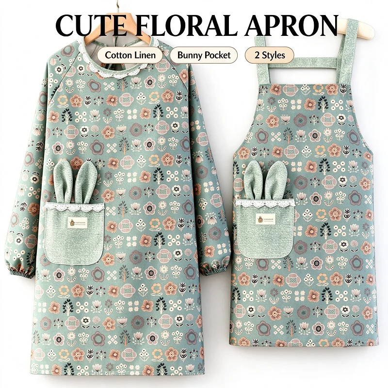 Cute Floral Cotton Linen Apron with Bunny Ear Pocket, Women Cooking Baking Apron, Long Sleeve or Strap Style
