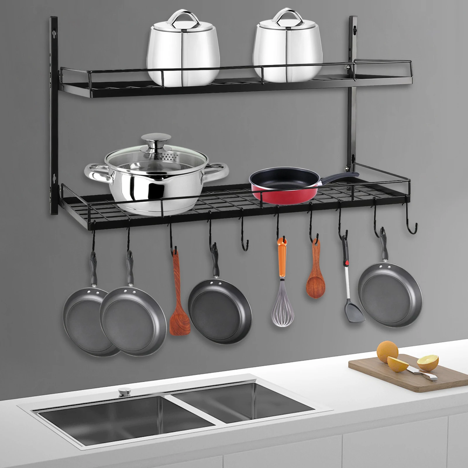 

Pot Pan Iron Rack Organizer Hanger Storage Wall Holder Kitchen Cookware Hanging Wall-Mounted 16.1*10.2*26.7 Inch