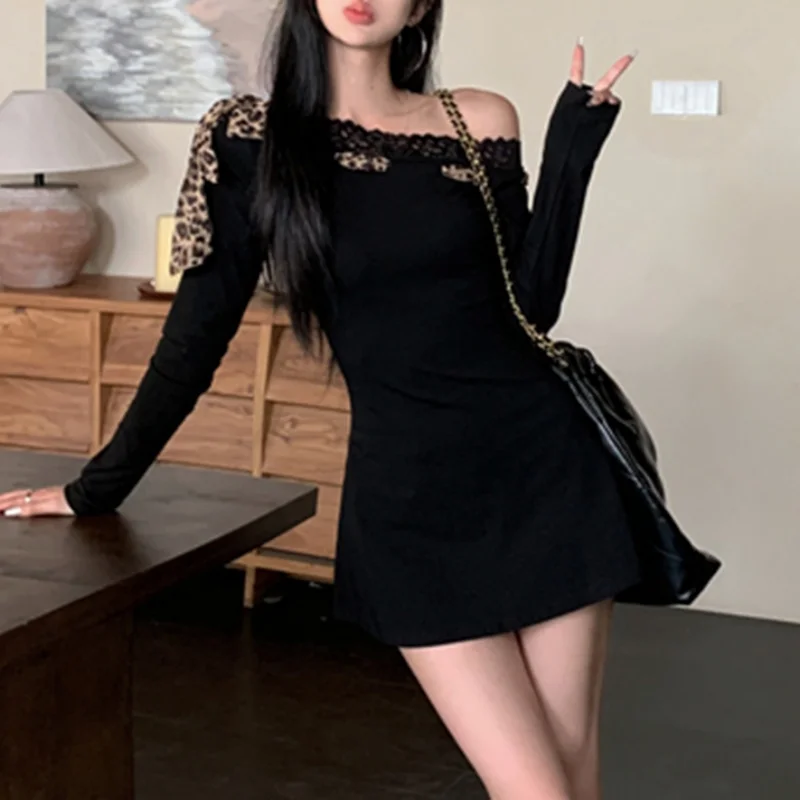 Sexy Dress Women y2k Clothes Leopard Print Lace Trim Off Shoulder Long Sleeve A Line Mini Dress Party Dresses Clubwear