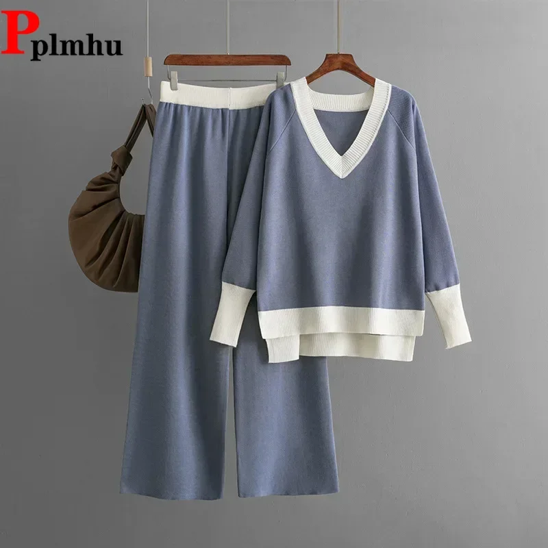 

Women Casual Pullover Loose Tops Suits Chic Baggy High Waist Sweatpants Korean Outfit Women V-neck Sweater Two Piece Sets