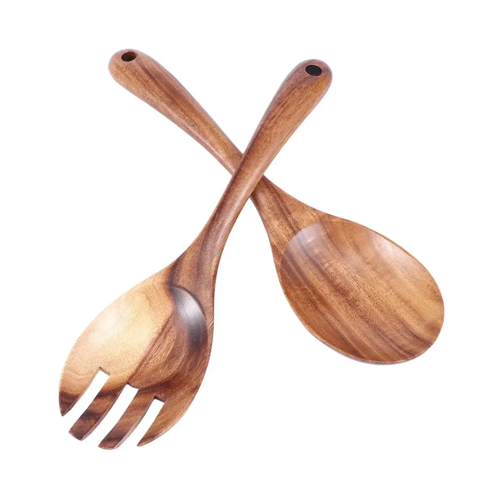 Natural Kitchen Wooden Spoon Set Large Salad Dinner Serving Spoons Server Wood Fork Spoon Cutlery Set Wooden Utensils Tableware