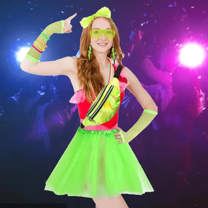 80S Fancy Dress Voor Vrouwen Neon T-shirt Ketting Oorbellen Visnet Beenwarmers Tutu Rok Set 80S Outfits Kostuum set Voor Vrouwen