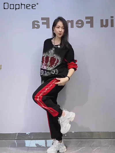 

Женский топ и брюки со стразами и круглым вырезом в стиле пэчворк, цветной топ с длинными рукавами и брюки, комплект из двух предметов, осенний повседневный комплект свободных брюк