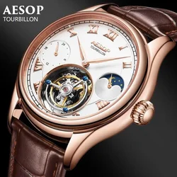 Aesop Mens Automatic Self-wind Tourbillon Wristwatch Skeleton Mechanical Movement Hollow Male Casual Sapphire Crystal Moon Phase