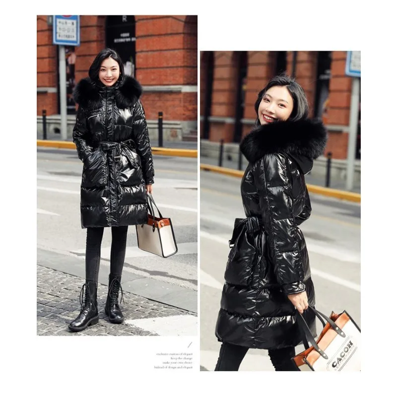 موضة جديدة متوسطة وطويلة سترة سميكة فضفاضة ورقيقة الشتاء الخصر سترات لامعة الفراء طوق ترك في أسفل الملابس القطنية