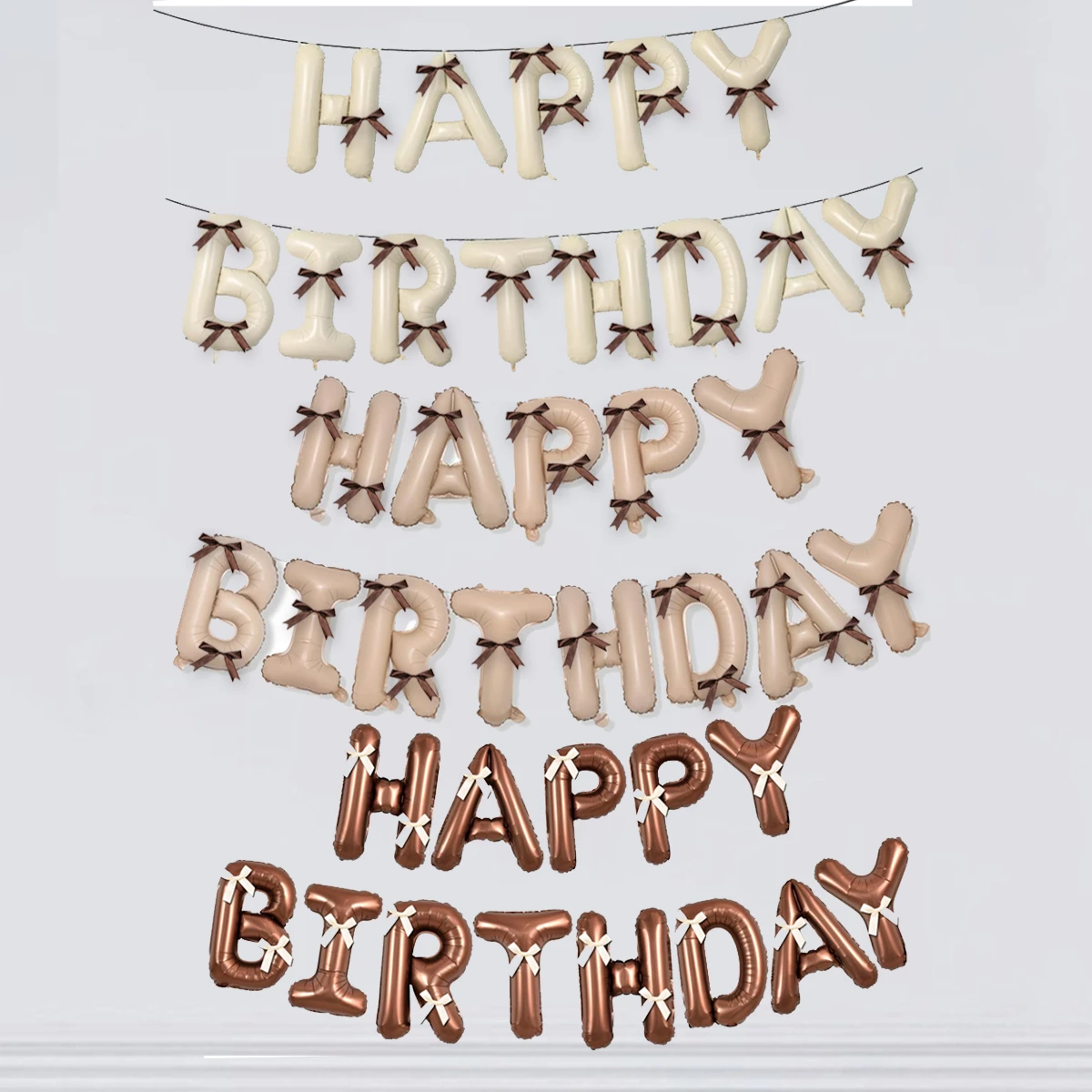 Cream white, brown, light brown Aluminum foil balloon set for birthday party decoration, set of 13 parts, with flag and bow