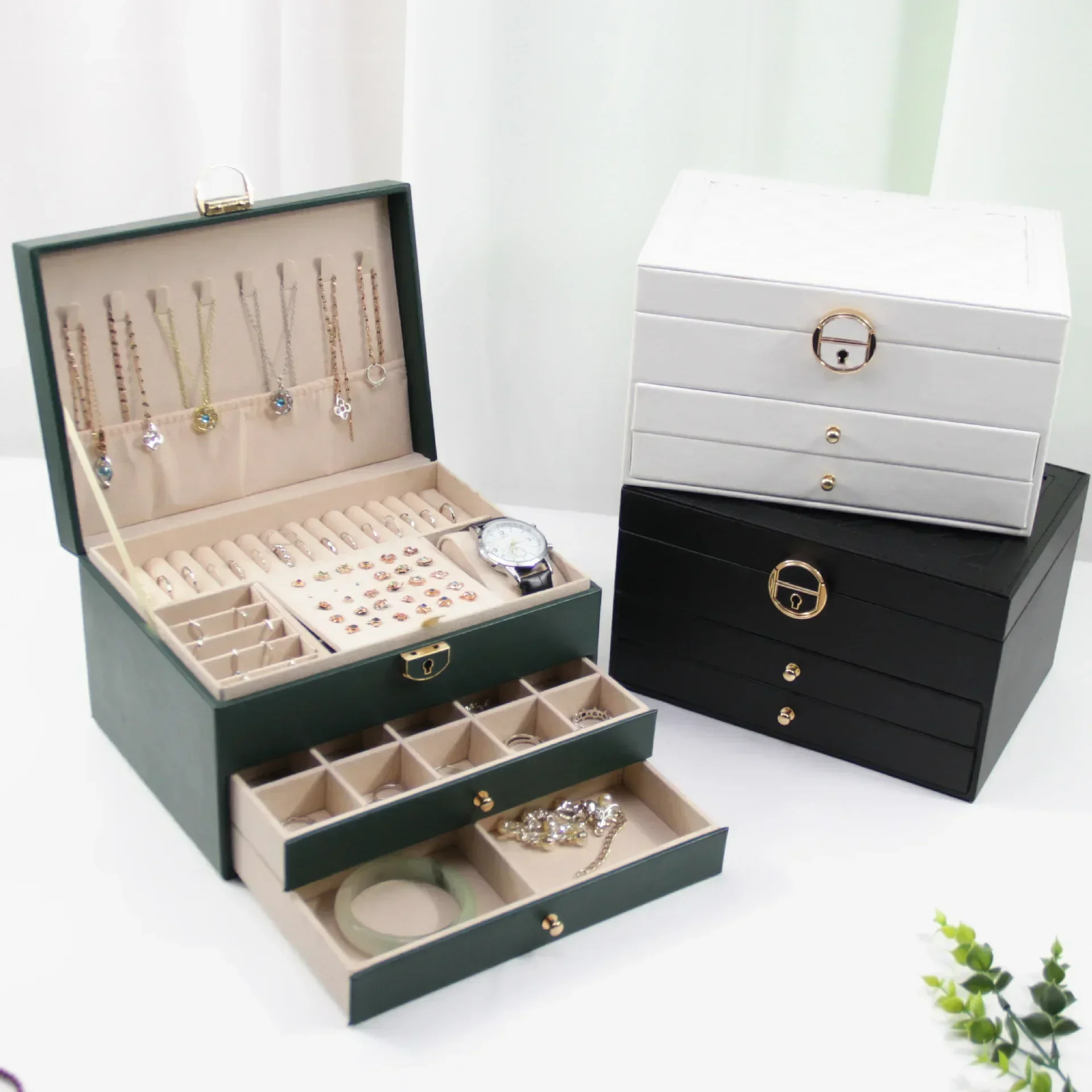 

Diamond shaped three-layer lockable drawer jewelry box, household jewelry storage box, portable large capacity jewelry packaging