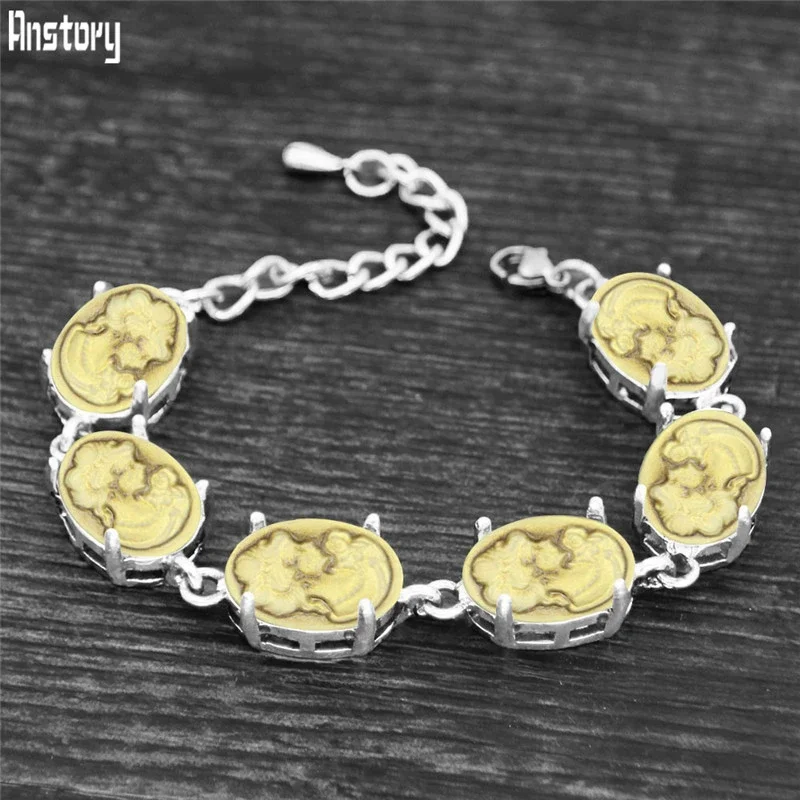 Oval Lady Queen Cameo Bracelets For Women Vintage Antique Silver Plated Prong Resin Fashion Jewelry