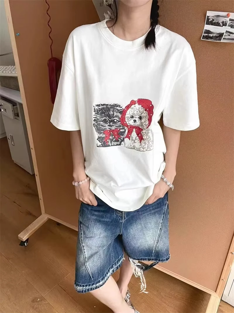 

White Cute Dogs T-shirt Women Round Neck Short Sleeve Summer Tshirt Female 100% Cotton High Fashion Women Tee Top