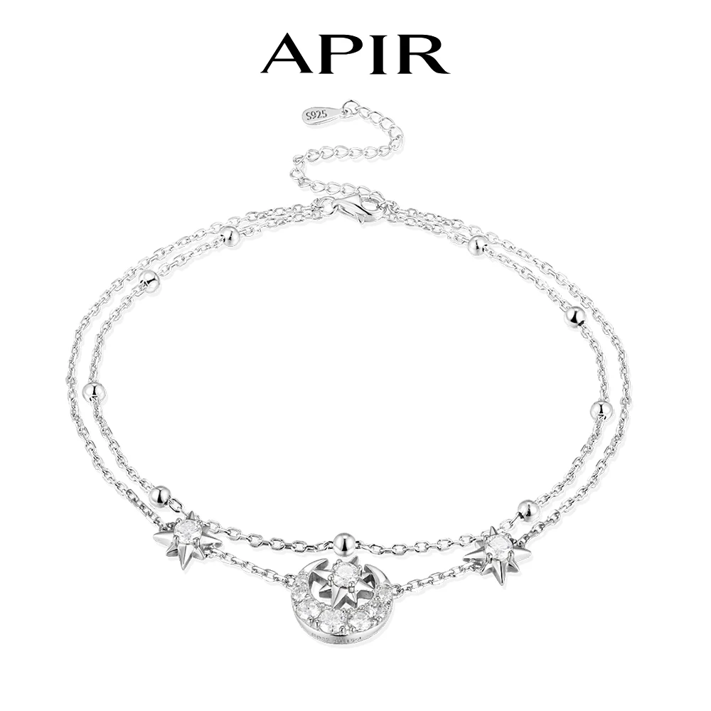 Tobillera APIR con Moissanita Brillante, Diseño de Estrella y Luna, Plata de Ley 925, 23cm Ajustable, Cadena Delicada de Doble Capa para el Pie, Estilo Playa para Mujer